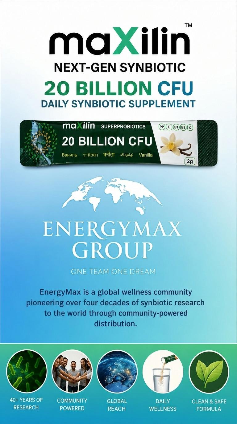 maXilin Next-Gen Synbiotic by EnergyMax Group — 20 billion CFU daily synbiotic supplement sachet