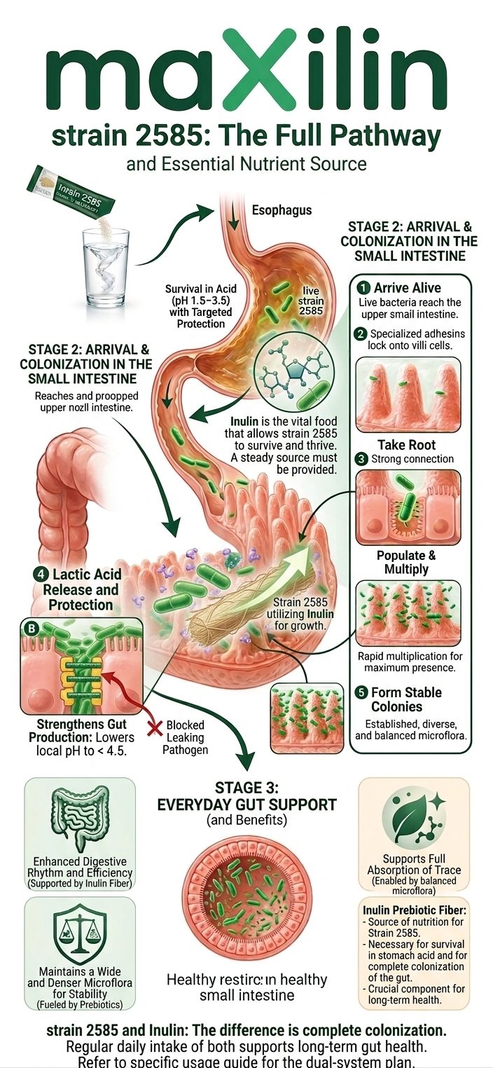 Illustrated pathway showing how Maxilin strain 2585 and inulin support survival through the stomach and colonization in the small intestine