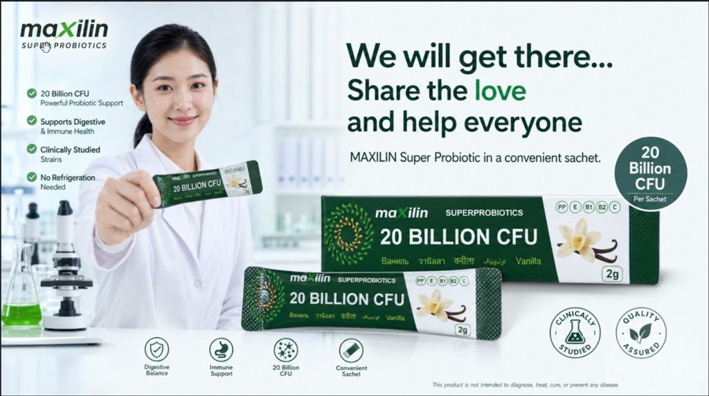 Maxilin Share the Love promotional image featuring a woman holding a probiotic sachet alongside Maxilin packaging